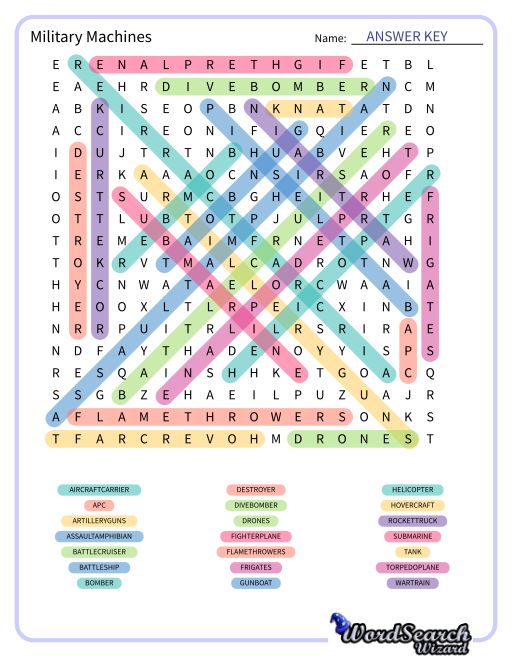 Military Machines Word Search Puzzle