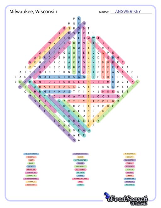 Milwaukee, Wisconsin Word Search Puzzle