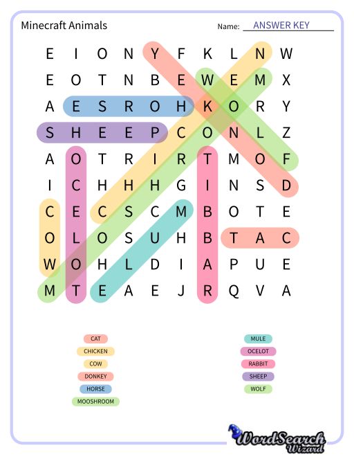 Minecraft Animals Word Search Puzzle