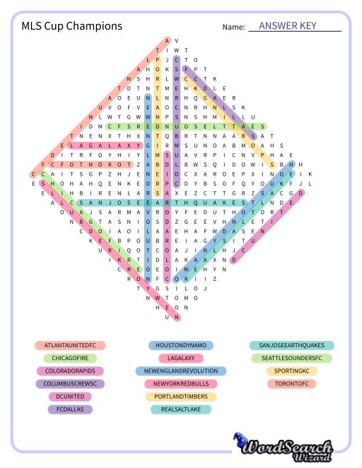 MLS Cup Champions Word Search Puzzle