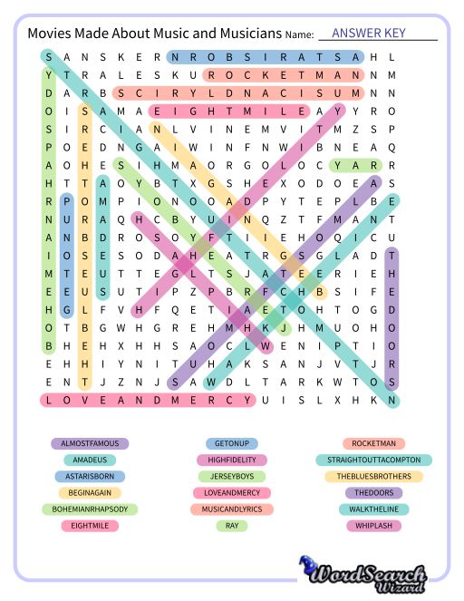 Movies Made About Music and Musicians Word Search Puzzle