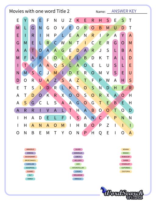 Movies with one word Title 2 Word Search Puzzle