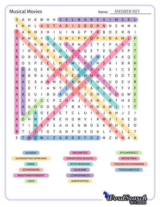 Musical Movies Word Search Puzzle