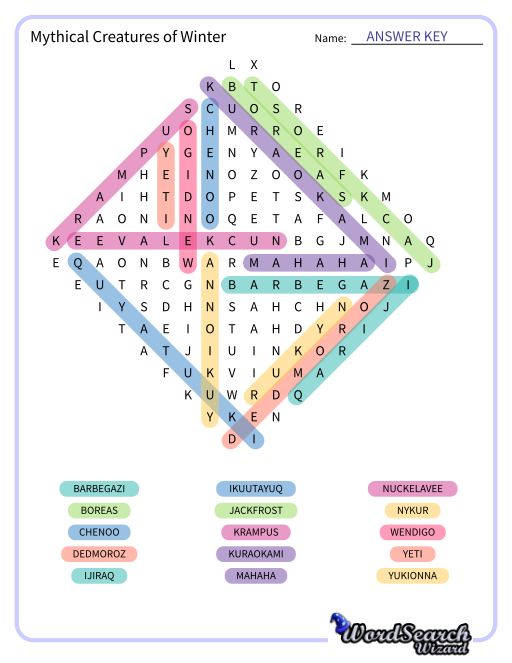 Mythical Creatures of Winter Word Search Puzzle