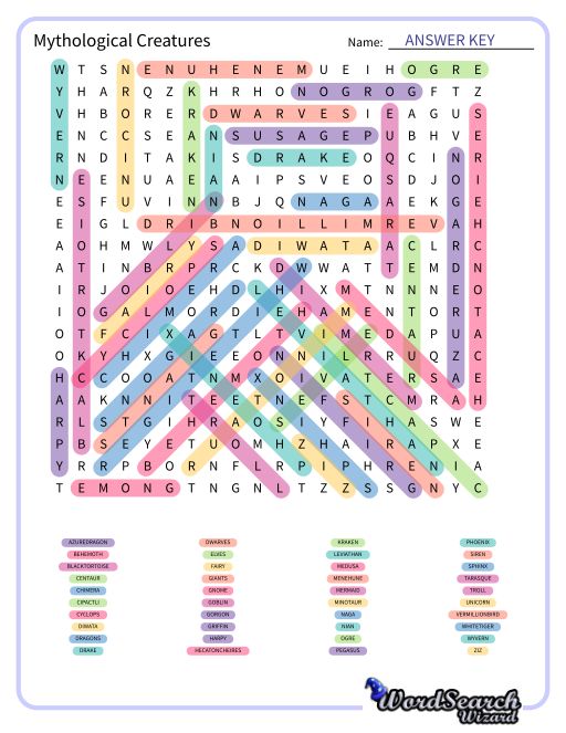 Mythological Creatures Word Search Puzzle