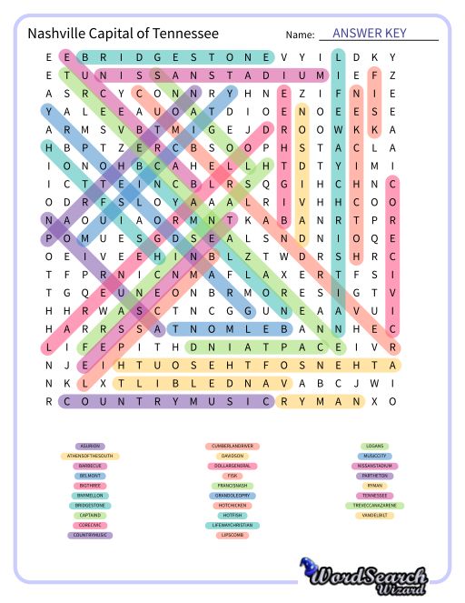 Nashville Capital of Tennessee Word Search Puzzle