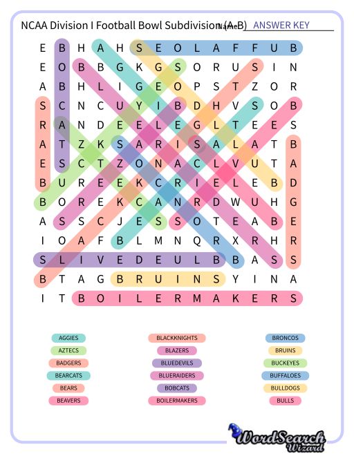 NCAA Division I Football Bowl Subdivision (A-B) Word Search Puzzle