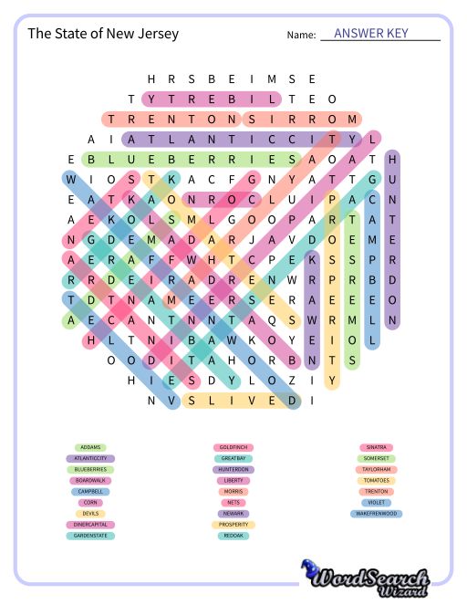 The State of New Jersey Word Search Puzzle