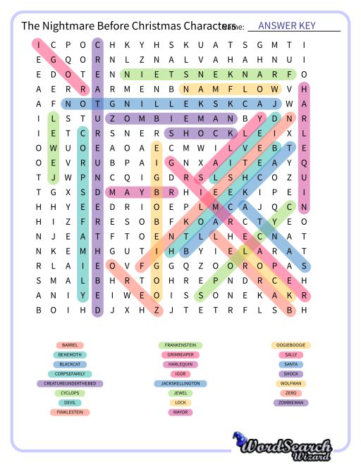 The Nightmare Before Christmas Characters Word Search Puzzle