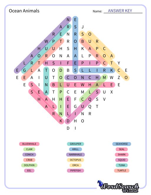 Ocean Animals Word Search Puzzle