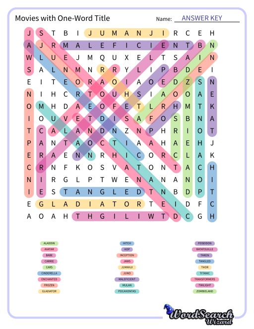 Movies with One-Word Title Word Search Puzzle