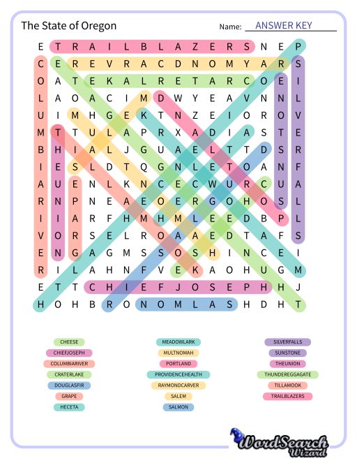 The State of Oregon Word Search Puzzle