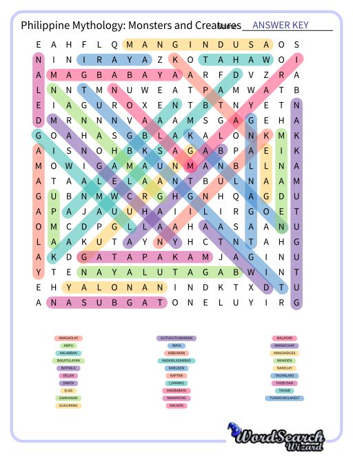 Philippine Mythology: Monsters and Creatures Word Search Puzzle