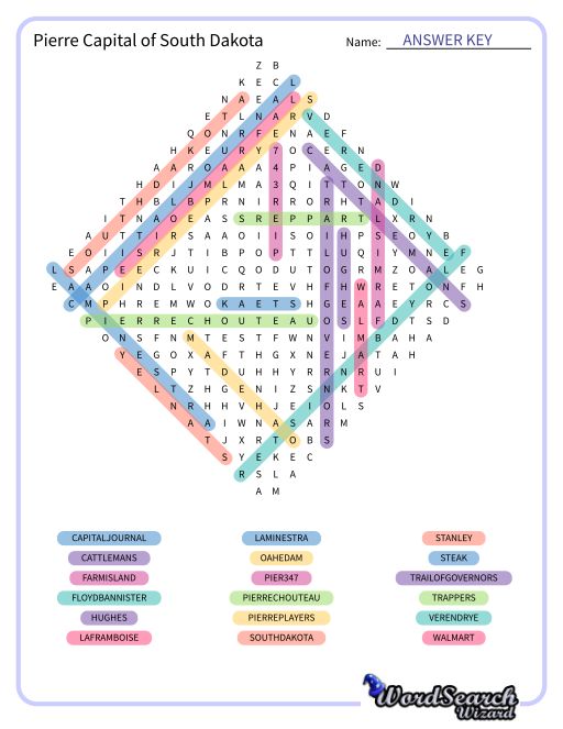 Pierre Capital of South Dakota Word Search Puzzle