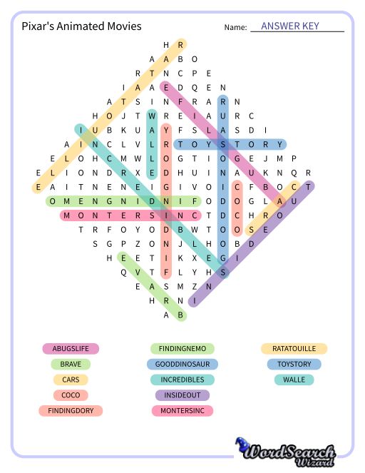 Pixar's Animated Movies Word Search Puzzle