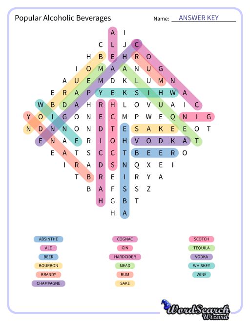 Popular Alcoholic Beverages Word Search Puzzle