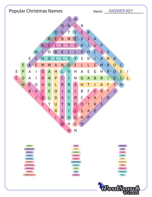 Popular Christmas Names Word Search Puzzle