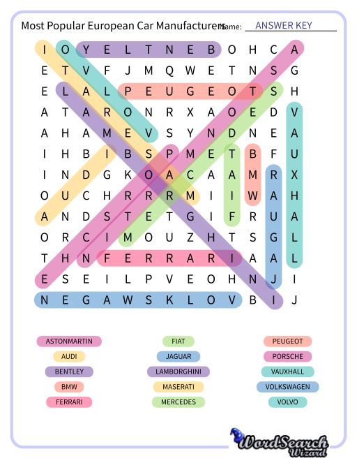 Most Popular European Car Manufacturers Word Search Puzzle