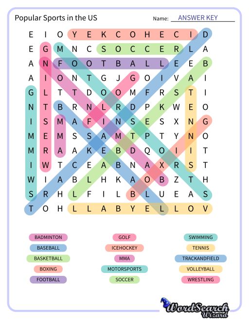 Popular Sports in the US Word Search Puzzle
