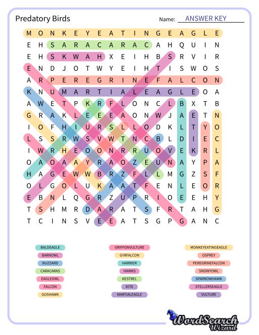 Predatory Birds Word Search Puzzle