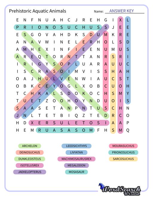 Prehistoric Aquatic Animals Word Search Puzzle