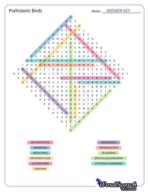 Prehistoric Birds Word Search Puzzle