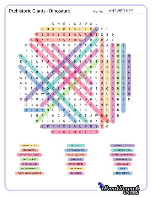 Prehistoric Giants - Dinosaurs Word Search Puzzle