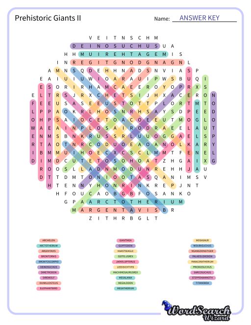 Prehistoric Giants II Word Search Puzzle