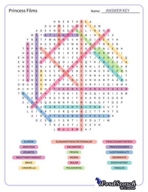 Princess Films Word Search Puzzle