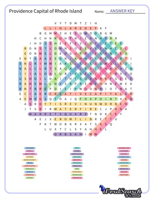 Providence Capital of Rhode Island Word Search Puzzle
