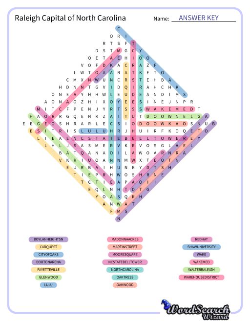 Raleigh Capital of North Carolina Word Search Puzzle