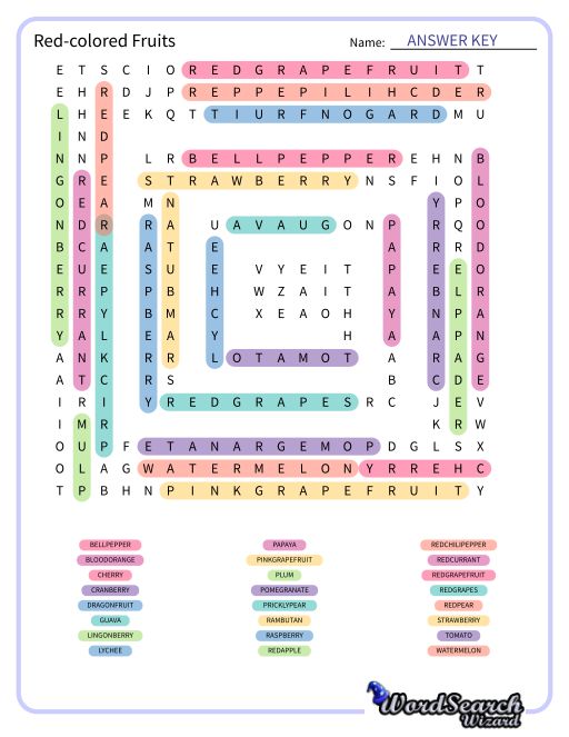 Red-colored Fruits Word Search Puzzle