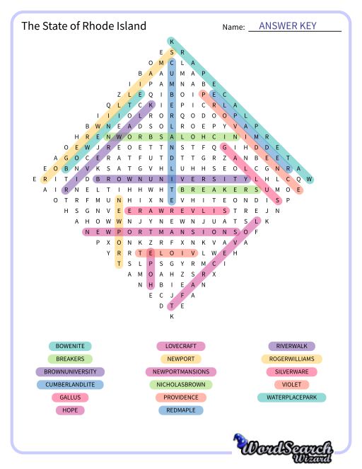 The State of Rhode Island Word Search Puzzle