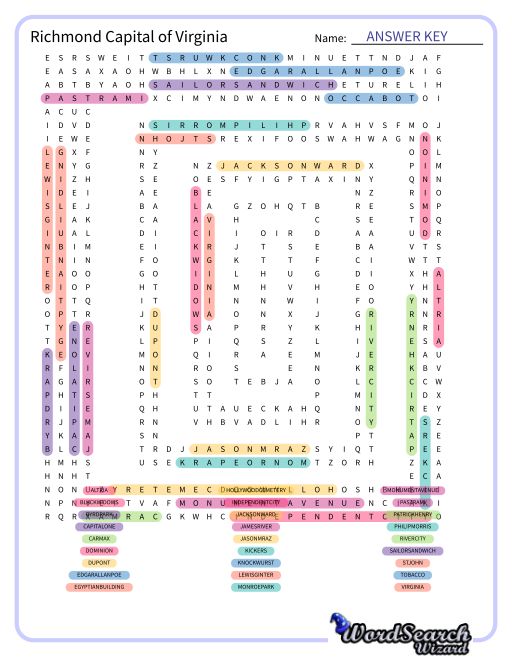 Richmond Capital of Virginia Word Search Puzzle