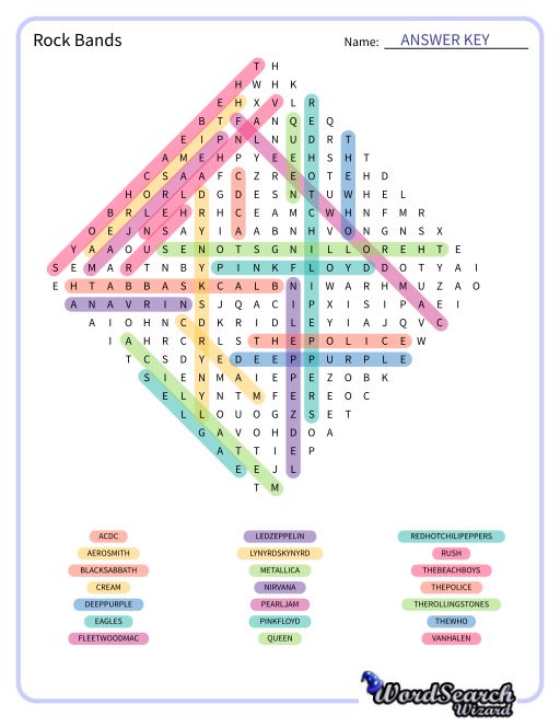 Rock Bands Word Search Puzzle