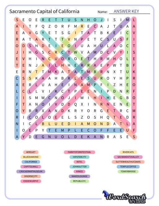 Sacramento Capital of California Word Search Puzzle