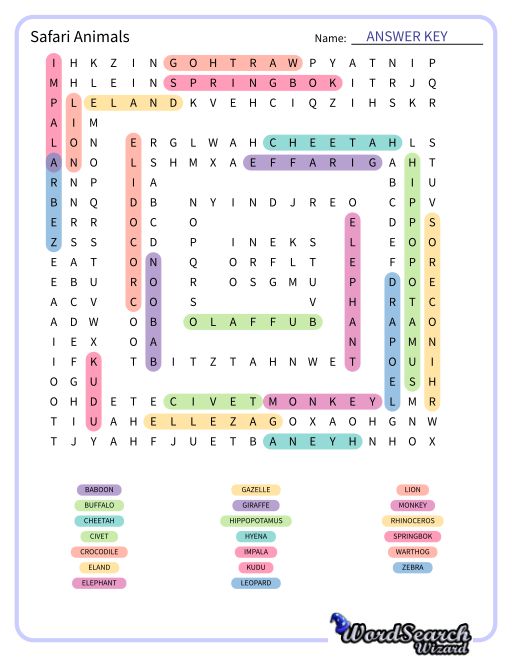 Safari Animals Word Search Puzzle