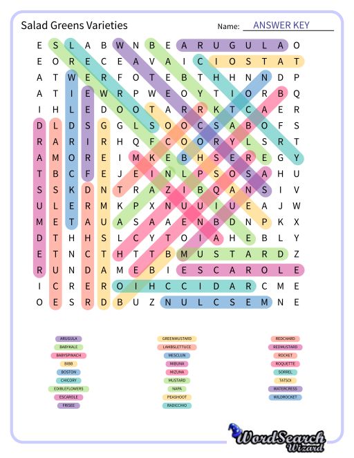 Salad Greens Varieties Word Search Puzzle