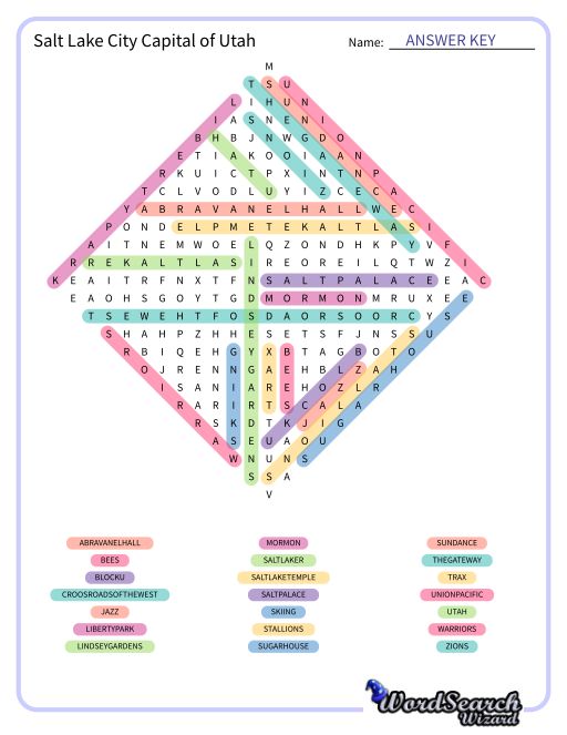 Salt Lake City Capital of Utah Word Search Puzzle