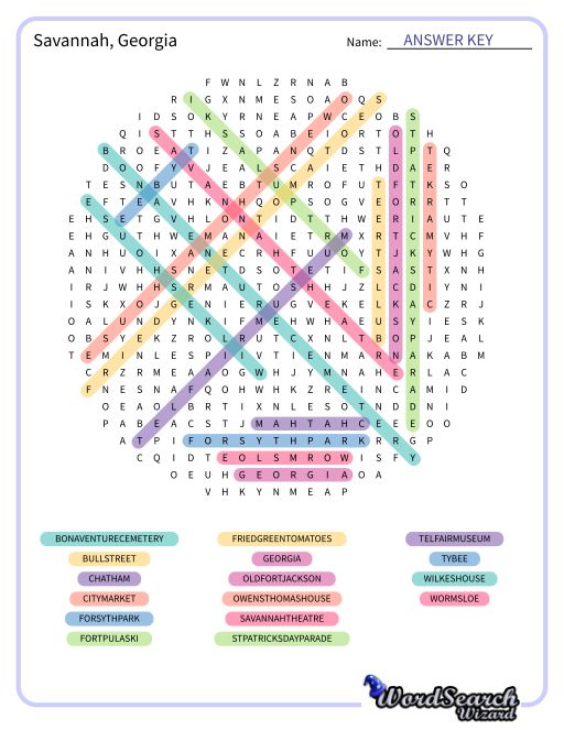 Savannah, Georgia Word Search Puzzle