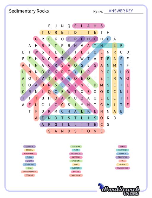 Sedimentary Rocks Word Search Puzzle