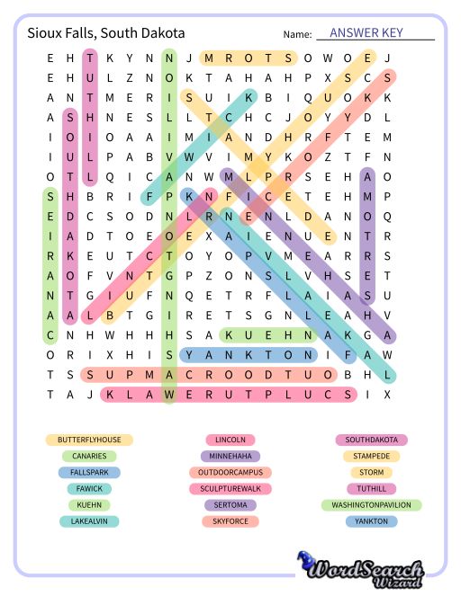 Sioux Falls, South Dakota Word Search Puzzle