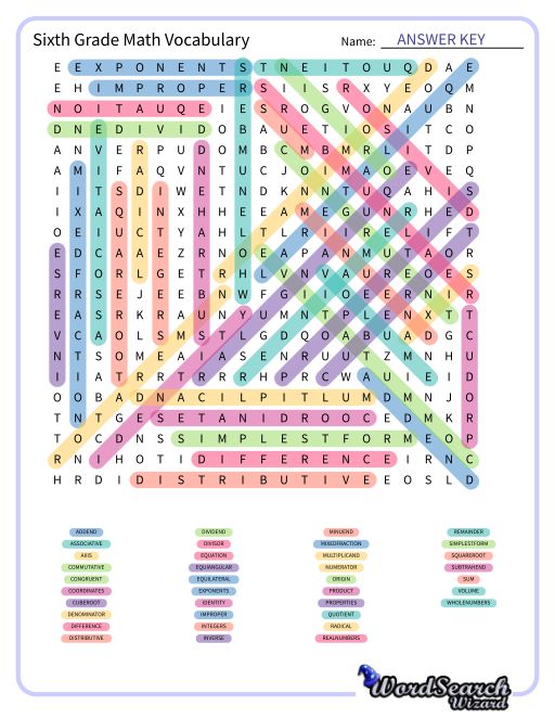 Sixth Grade Math Vocabulary Word Search Puzzle