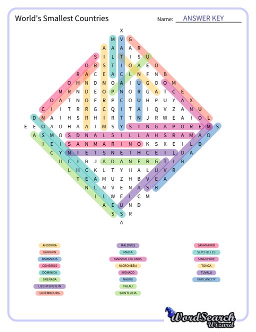 World's Smallest Countries  Word Search Puzzle