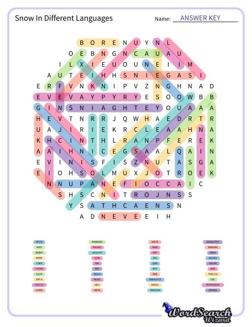 Snow In Different Languages Word Search Puzzle