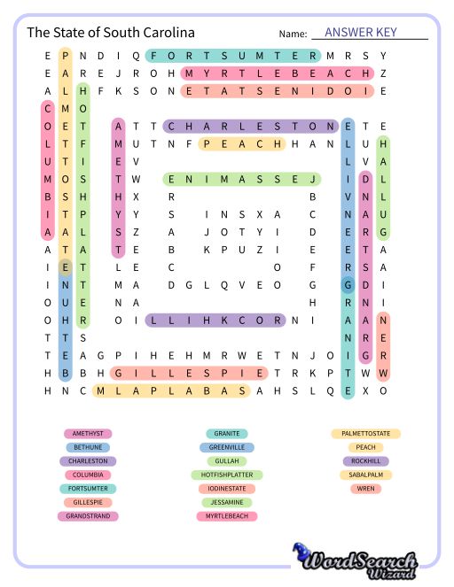 The State of South Carolina Word Search Puzzle