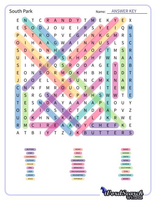 South Park Word Search Puzzle