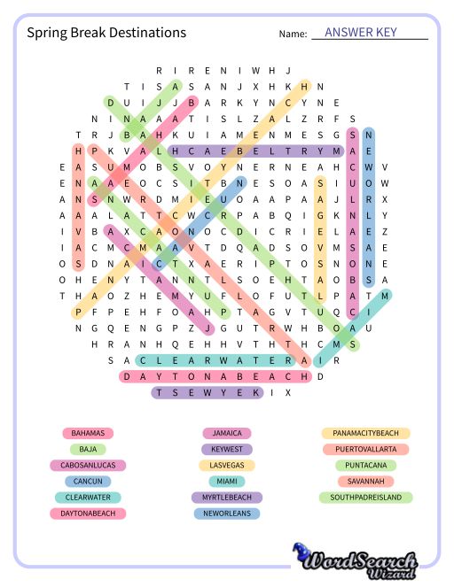 Spring Break Destinations Word Search Puzzle