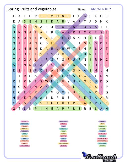 Spring Fruits and Vegetables Word Search Puzzle