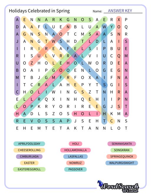 Holidays Celebrated in Spring Word Search Puzzle